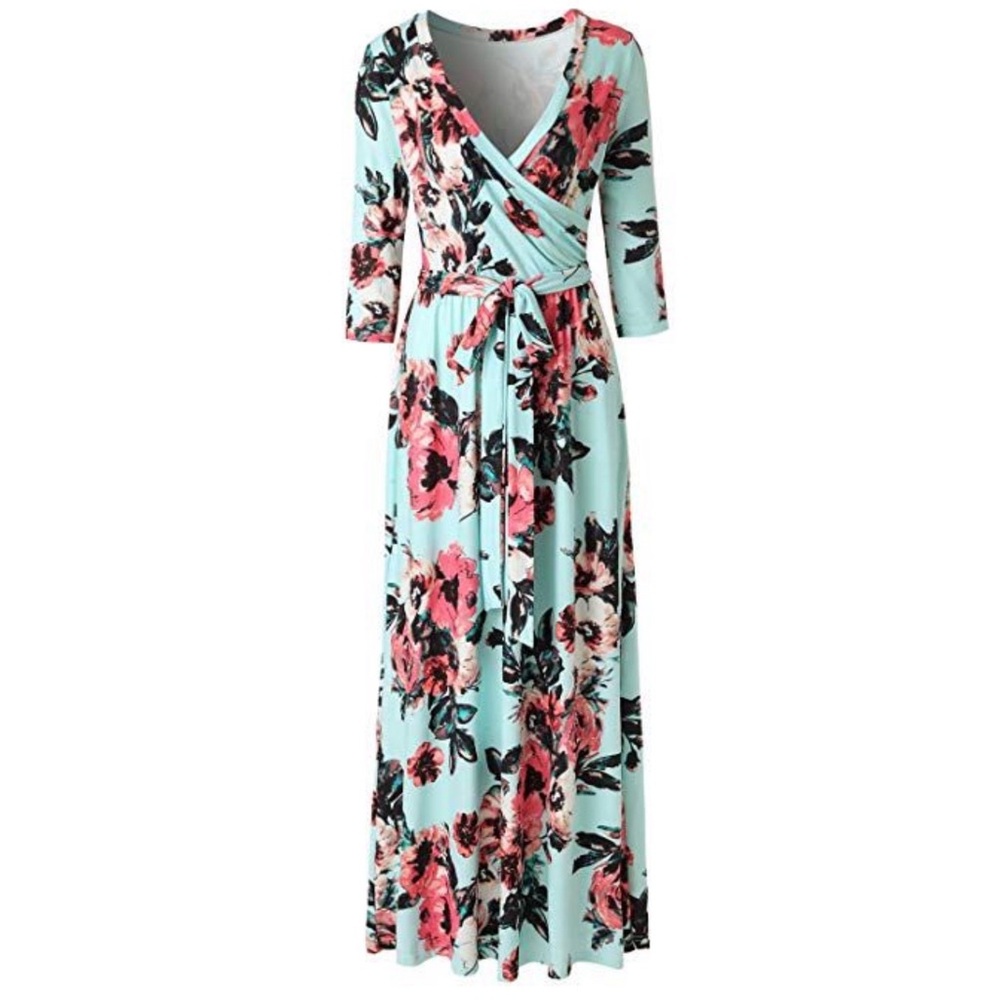 Lunnow Light Green and Pink Floral Faux Wrap Bodycon Maxi Dress Large